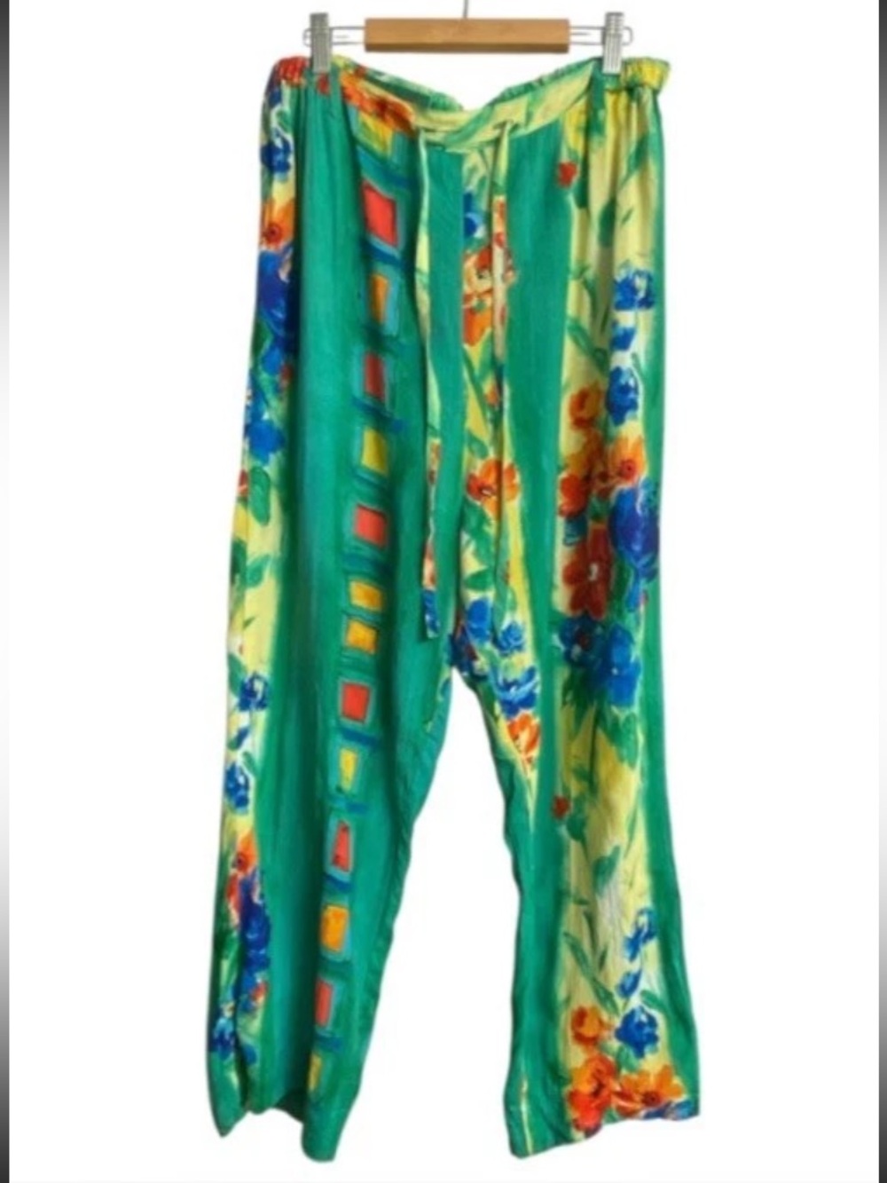 Jams World Pants Size M Urban Green Floral Rayon Wide Leg Made in Hawaii